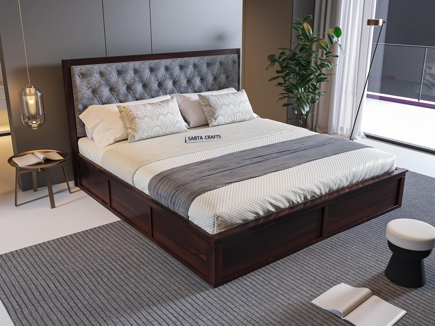 Craft Sheesham Wood King Size Bed with Storage | Wooden Double Bed Cot Bed with Box Storage & Grey Upholstered Cushioned Headboard for Bedroom | Solid, Walnut Finish-image-18
