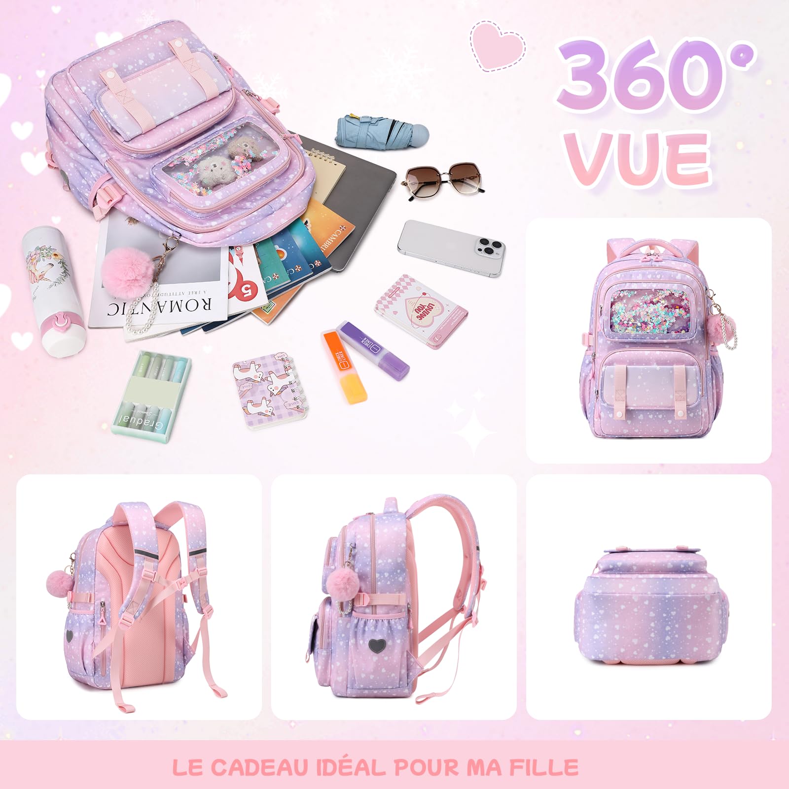 Sisipoet Sac à Dos Enfant Fille, Cartable Fille Primaire, Sac a Dos à Paillettes et Coeurs, Sacs à Dos Loisir Imperméable et Respirant avec Pompon pour L'école et Les Loisirs