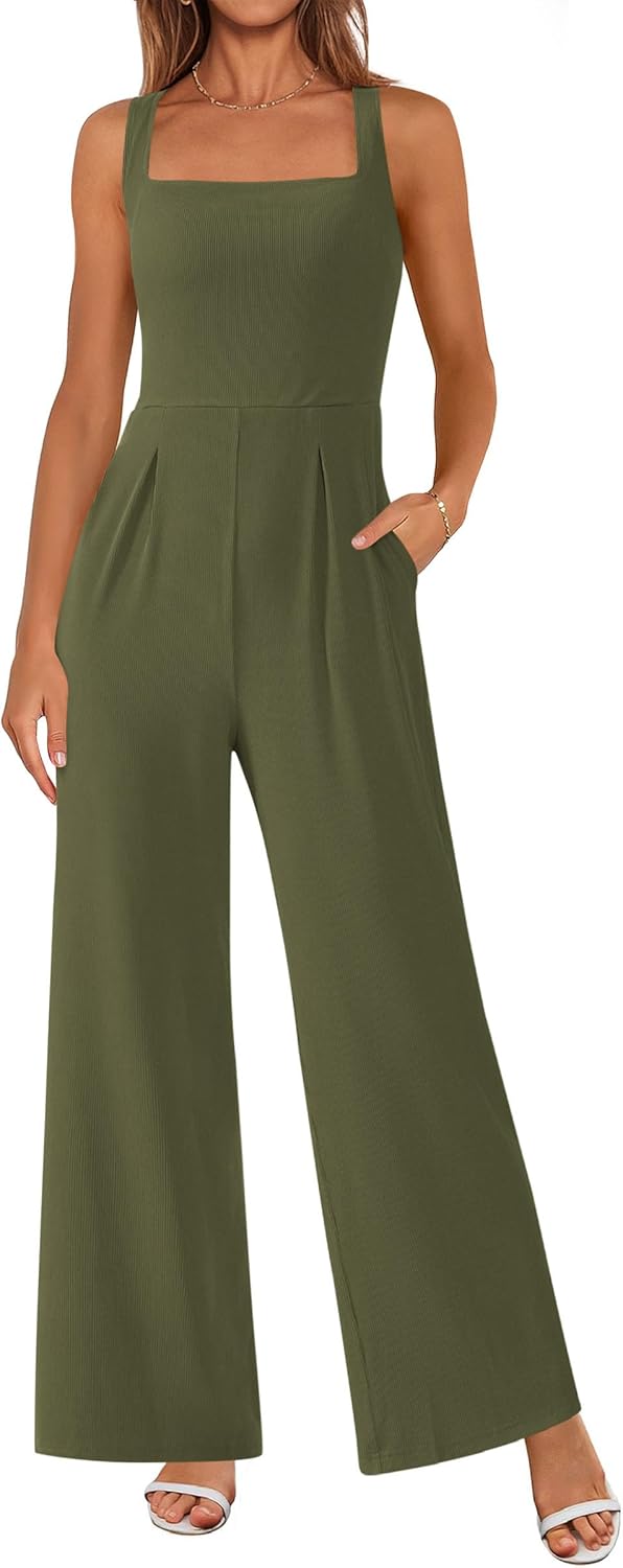 PRETTYGARDEN Summer Sleeveless Jumpsuits for Women Dressy Square Neck Wide Leg Pants Knit One Piece Rompers Fashion Clothing