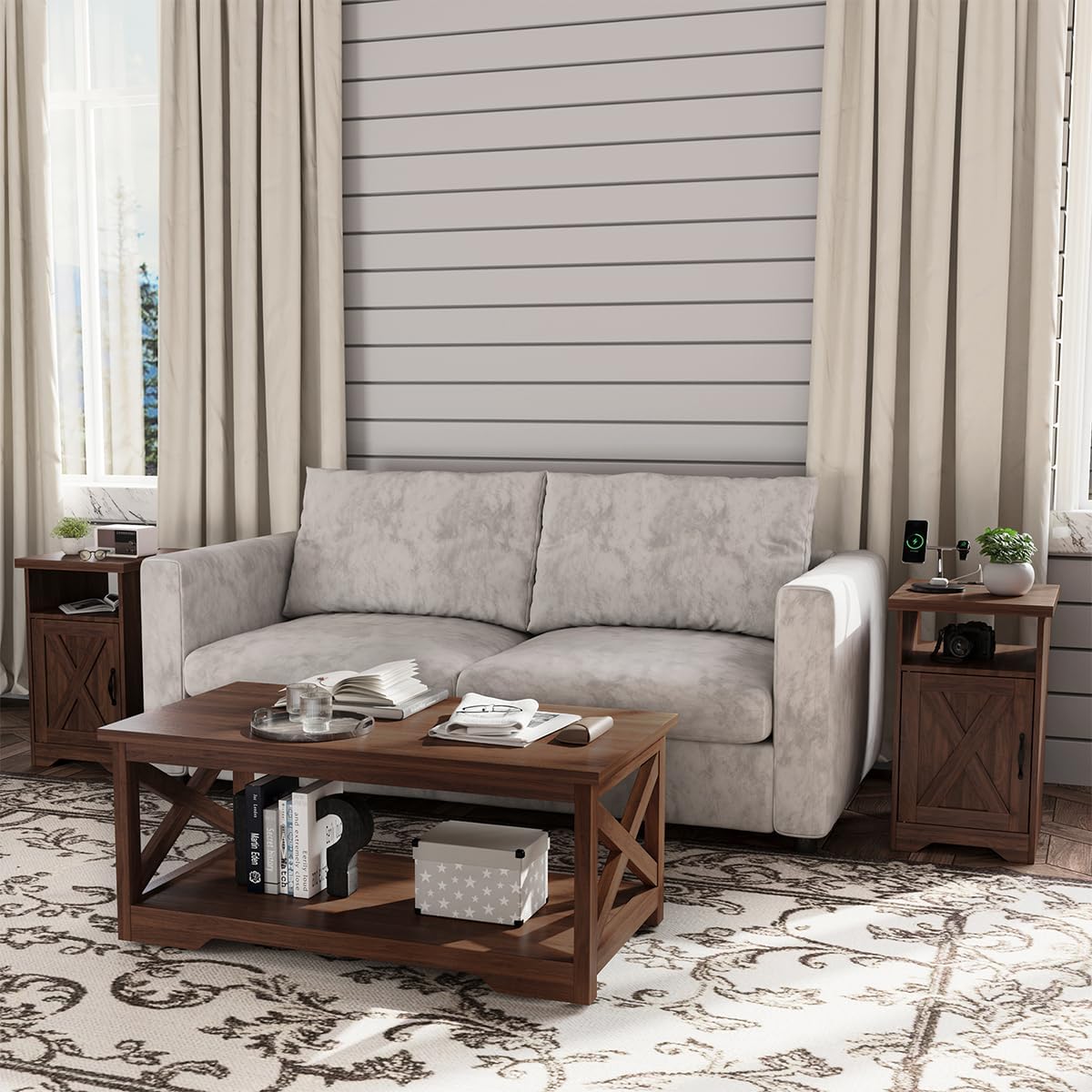 WERSMT Farmhosue 3 Pieces Living Room Table Set, Rustic Coffee Table and 2 End Table Sets with Charging Station & USB Ports, Coffee Table Set of 3, Walnut