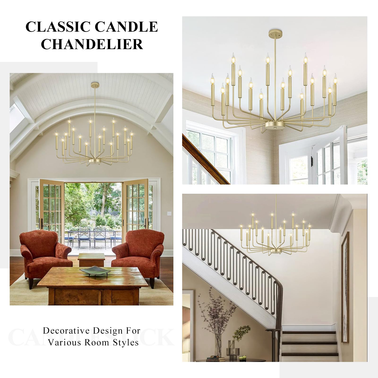 Qamra Modern Farmhouse Gold Chandelier for Dining Room, 16-Light Rustic Candle Chandelier Light Fixture, Industrial Hanging Chandeliers Lighting for Living Room, Kitchen, Staircase, Entryway, Foyer - Additional View