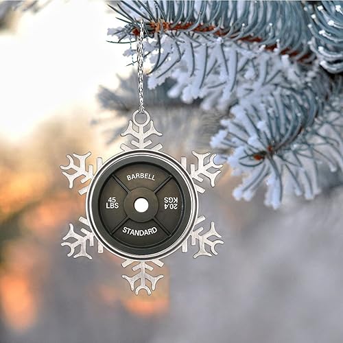 Vista 14 de Plato de pesas con barra para amantes del fitness, adornos de Navidad 2022, adornos de copo de nieve, decoraciones de Navidad para árbol, novedad