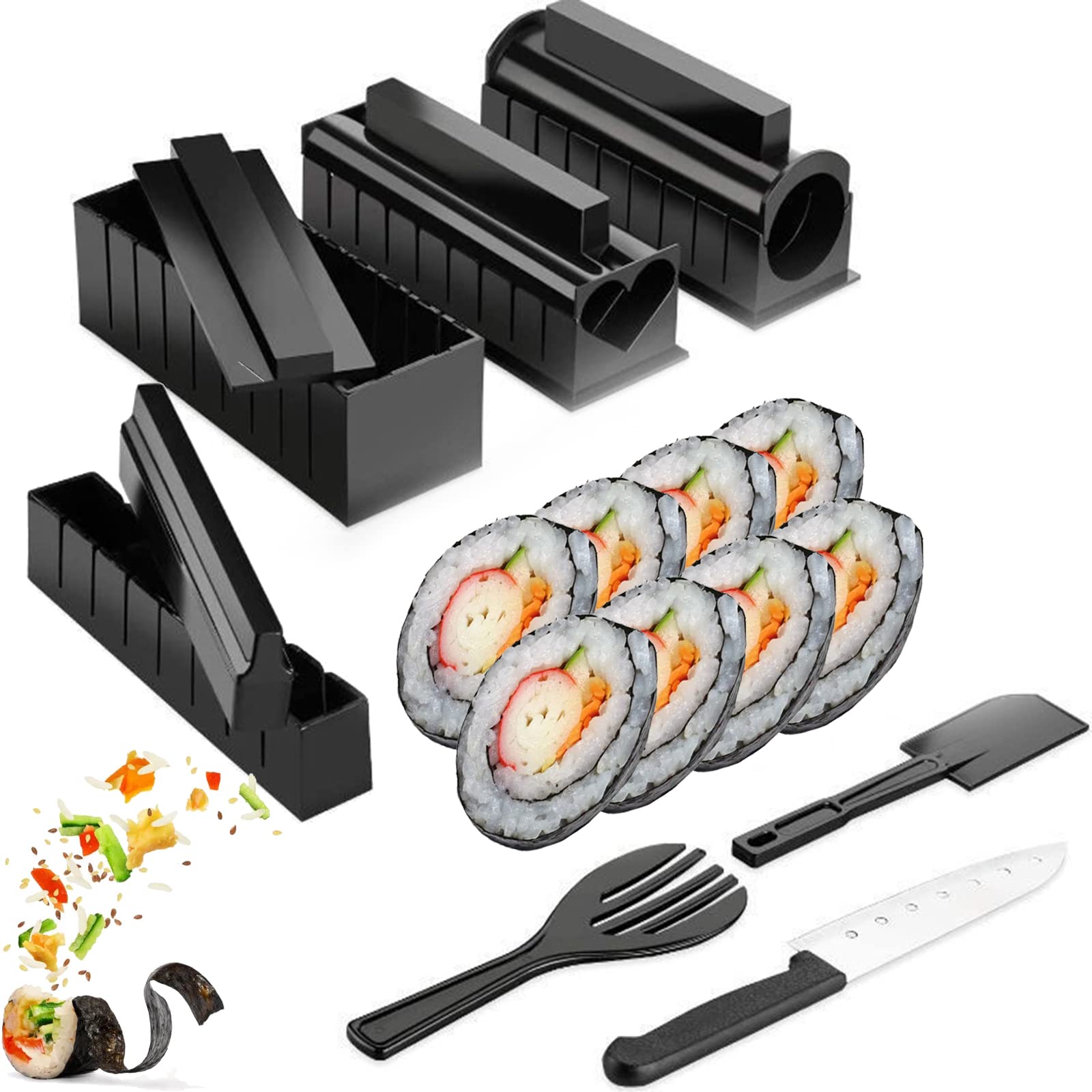 Kit per la Casa Sushi Maker, 11 Pezzi Completo con 8 Stampi per Riso Rotolo, Forchetta, Spatola, Coltello - Facile da Pulire e Usare, Lavabile in Lavastoviglie per la Cucina