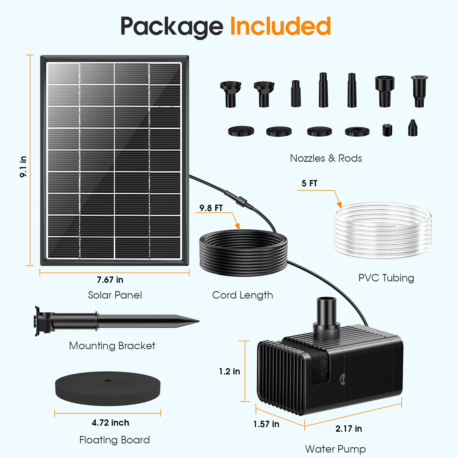 Antfraer Solarna pompa fontannowa 7 W, solarna fontanna do kąpieli dla ptaków z ochroną przed suchobiegiem, dwuwarstwowe dysze i 1,5 m, rura PCW do kąpieli dla ptaków, mały staw, wodospad, funkcje