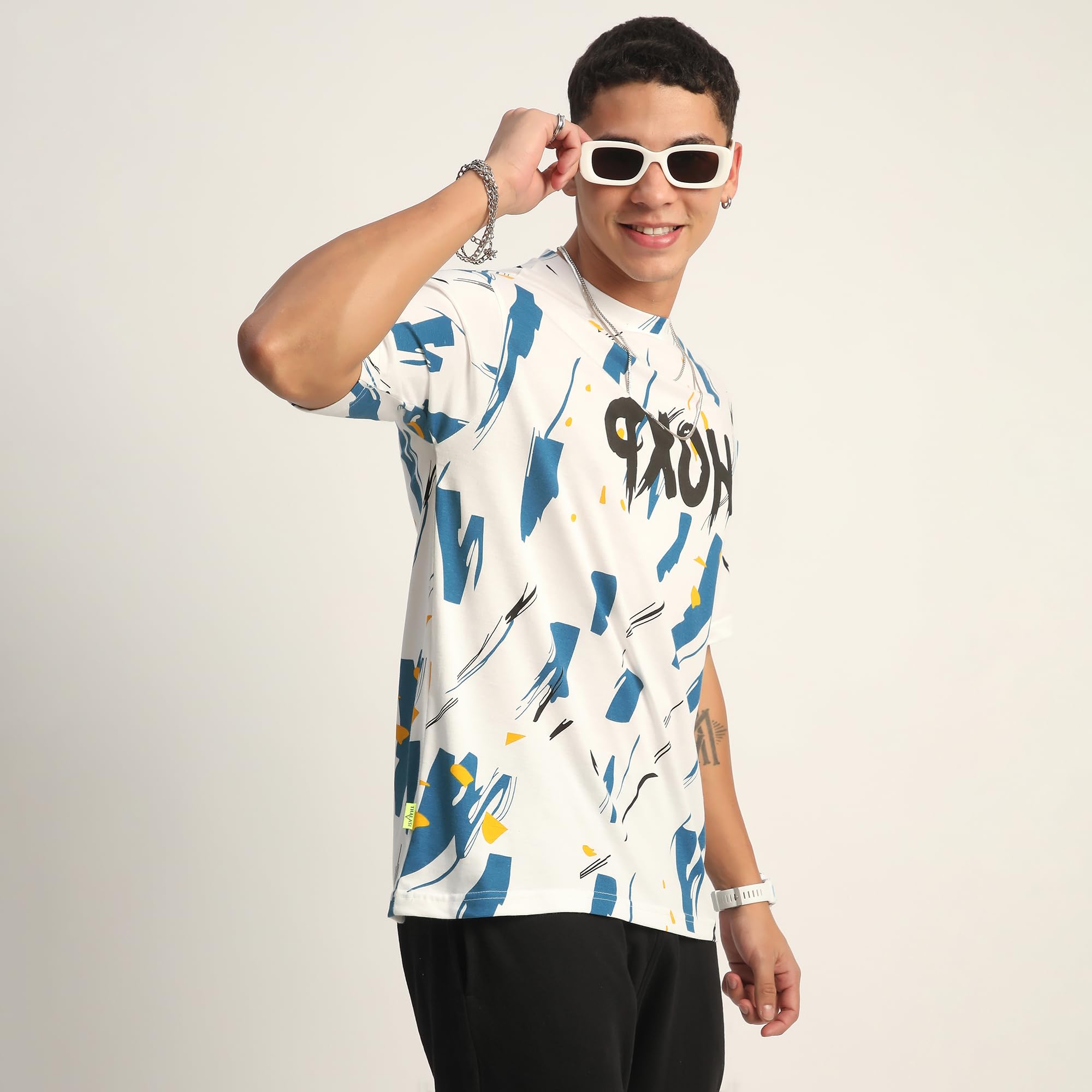 THALASI® T-shirt girocollo oversize in puro cotone con stampa su tutta la superficie, bianca, blu e con spalle cadenti, maglietta con maniche lunghe in stile bohémien, per uomini e ragazzi