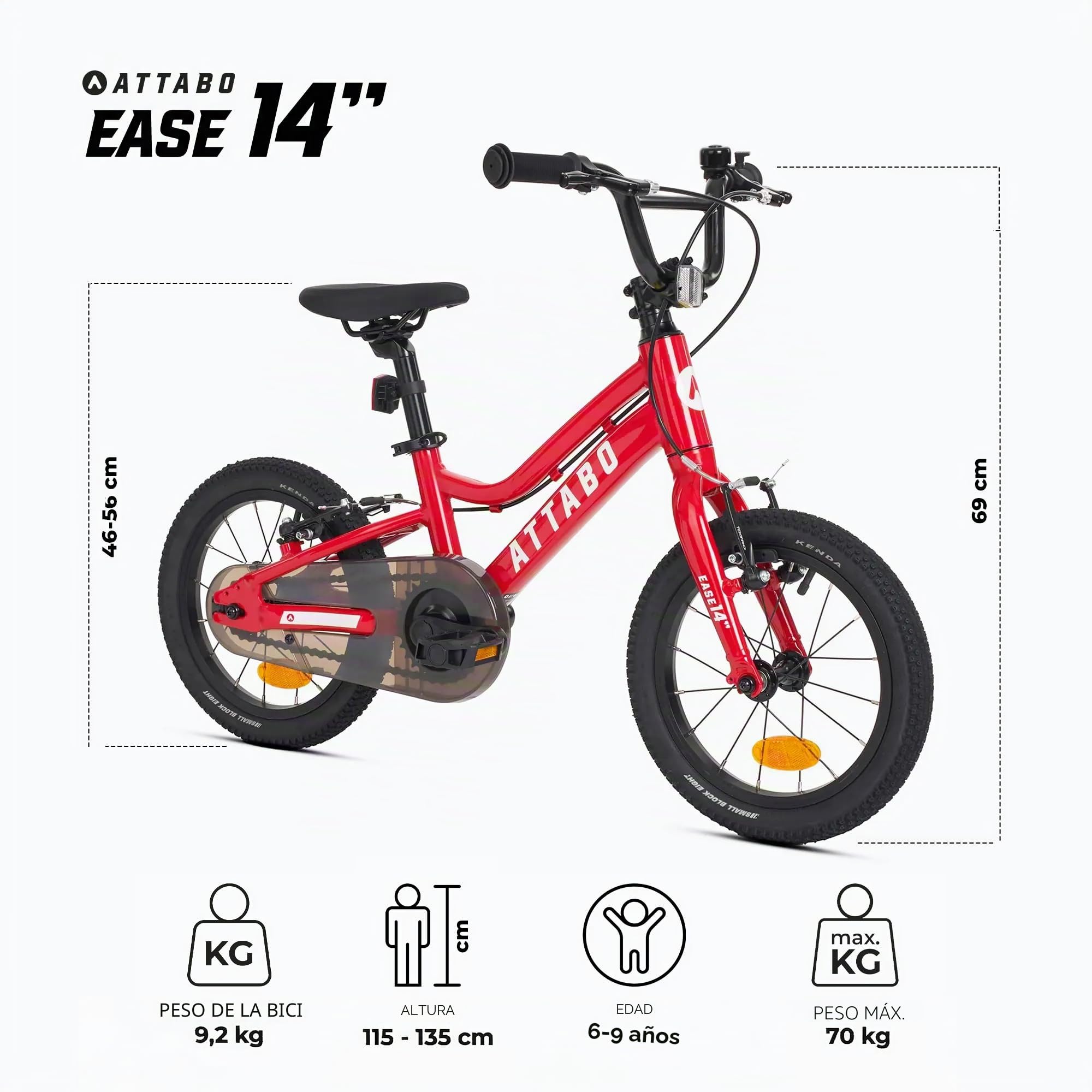 ATTABO Ease 14 - Bicicleta Infantil (2 – 5 años) con Marco de Aluminio Ligero, Ruedas de 14 Pulgadas, Adecuada para 85 – 110 cm de Altura, Solo 7 kg, hasta 50 kg, ergonómica y Estable