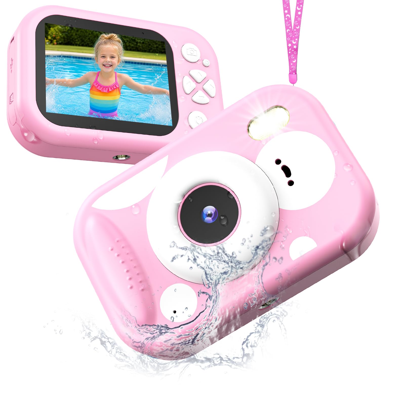 Fotocamera per Bambini, 48MP 1080P Macchina Fotografica Subacquea Impermeabile Digitale Bambini con 2,4 Pollici Schermo Scheda TF Flash LED, Regalo Giocattolo per Bambina e Bambino 3-12 Anni, Rosa