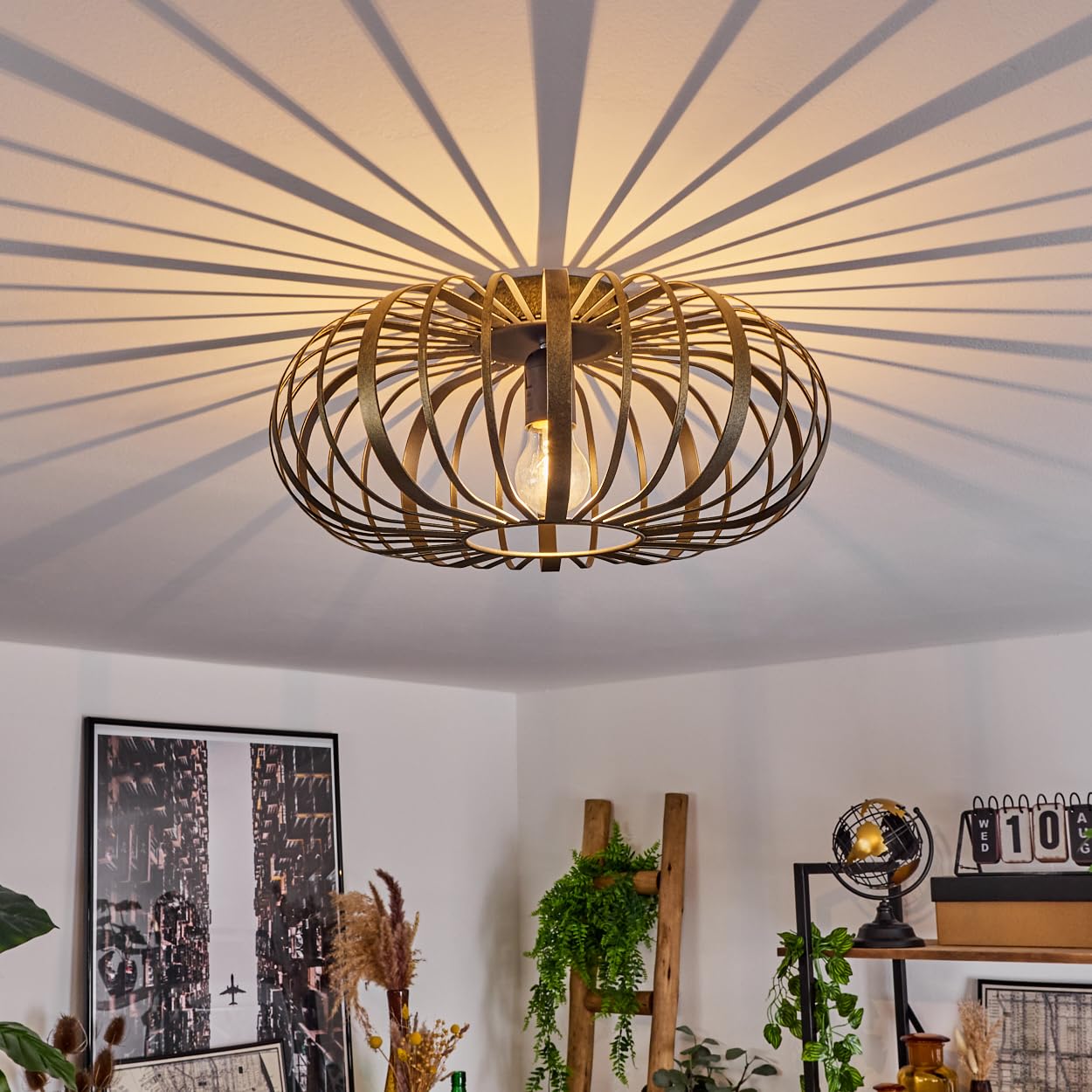 hofstein Oravi Ceiling Light, Metal Ceiling lamp in Black/Gold Antique, with Lattice lampshade, Ø 40 cm, 1-Flame, E27 Socket, Modern Light with Play of Light, Without Bulbs