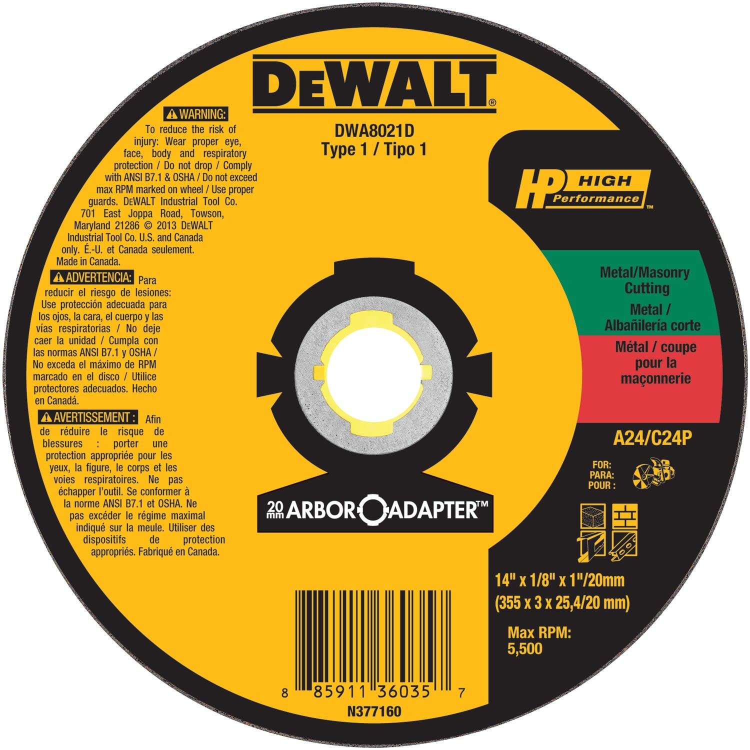 DEWALT DWA8021D 14x1/8x1IN / 20mm MTLl/CONC HS WHL