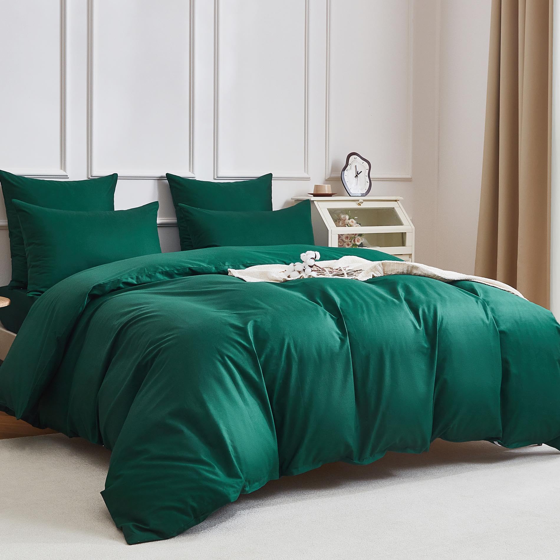 Ropa de cama de 135 x 200 cm, 4 piezas, color verde oscuro, 100 % algodón peinado, refrescante, liso, brillante, suave, transpirable, juego de funda nórdica con cremallera y 2 fundas de