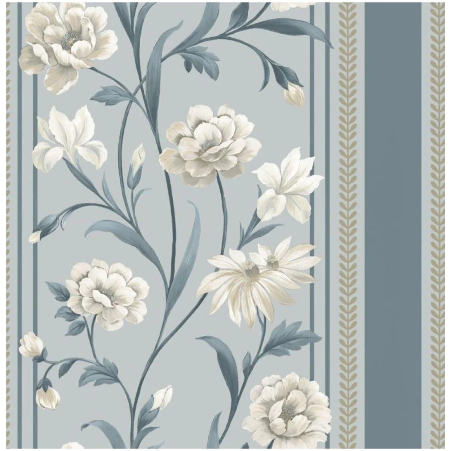 YöL Raya Blue Cream Floral Stripe Wallpaper - Feature Statement Wall - 10.05m x 53cm Roll - Contemporary Versatile Sophisticated - Washable Paste The Paper - Bedroom Lounge Living Room Wallcovering