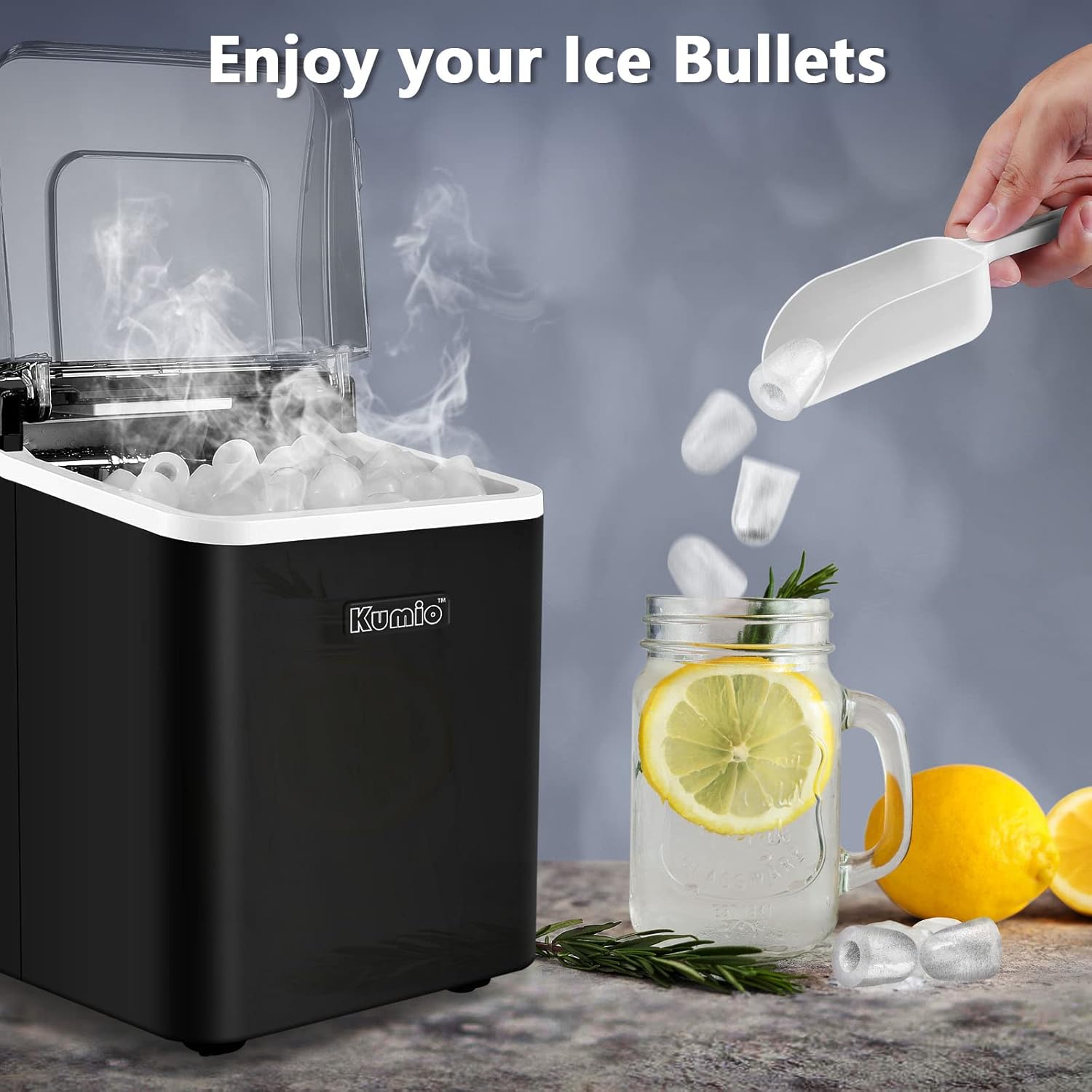 A hand scooping bullet ice from the ice maker into a glass with lemon slices