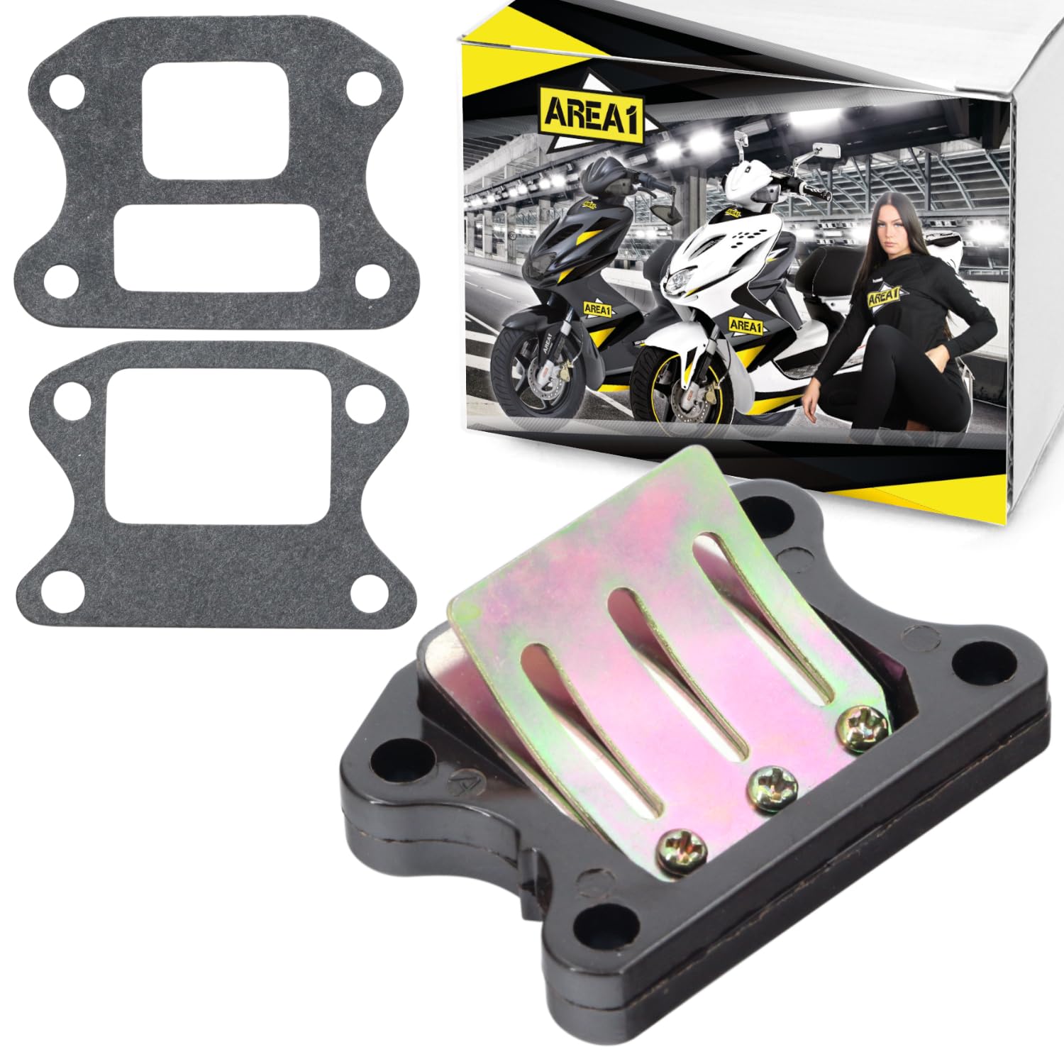 Area 1 Membranblock für 50ccm 2-Takt kompatibel mit Peugeot Speedfight 2 Spedfight 1, Elyseo Elystar Vivacity Trekker Gipsy Buxy Squab TKR Trekker SV Splinter. Passend für Honda X8RS SXR SFX Bali Sky