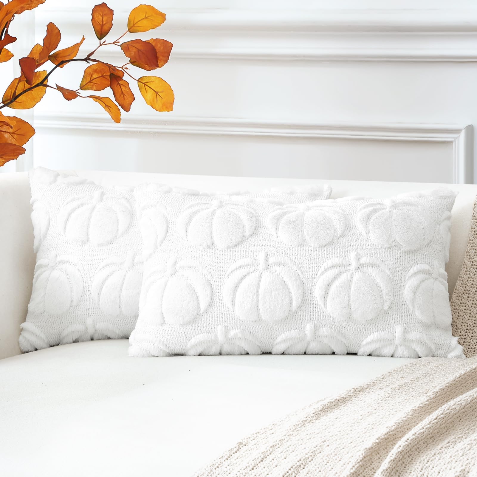 Artscope Fall Cushion Covers Set of 2 Autumn Pumpkin Throw Pillow Covers for Sofa Couch Bed Living Room Soft Plush Short Wool Velvet Farmhouse Pillowcases for Halloween 40x60cm White