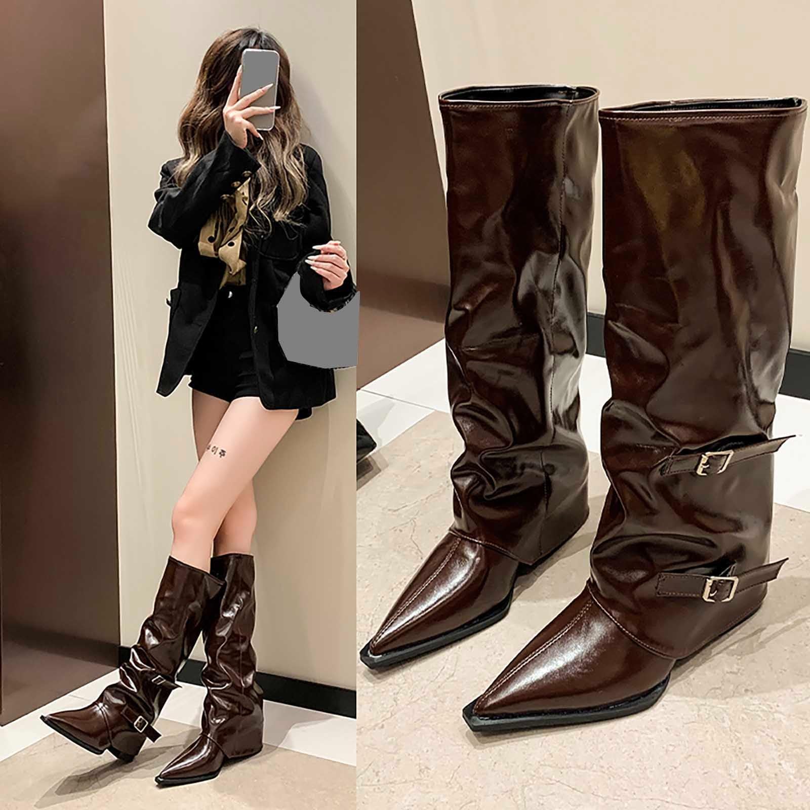 Bottes Mi-Mollet Femme Élégantes, Bout Pointu, Talon Bloc Haut, Simili Cuir