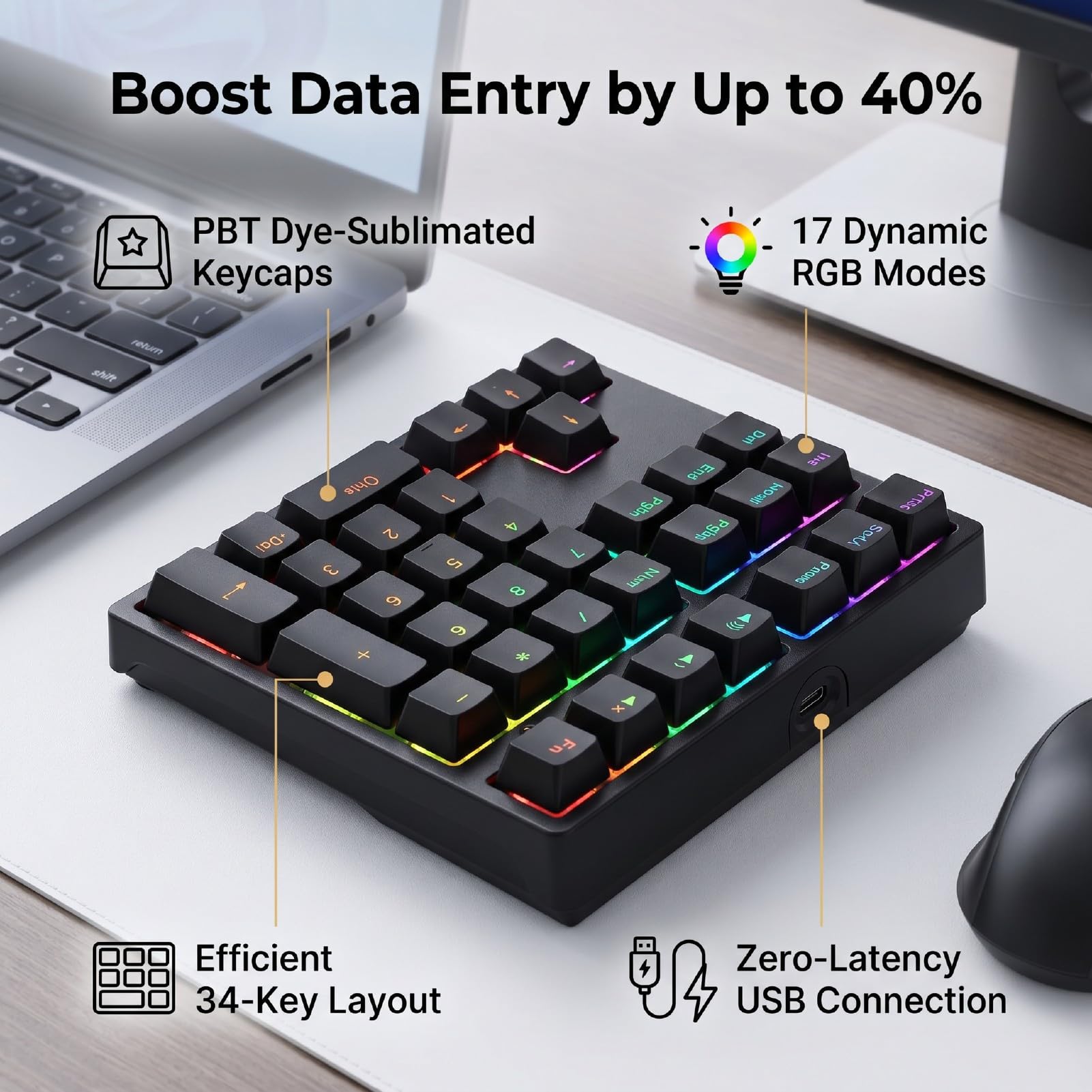 XUMIUZIY Tastierino Numerico Cablato, Tastierino Numerico Meccanico con Retroilluminazione RGB, Copritasti PBT, Interruttore Rosso Sostituibile a Caldo, Silenzioso, Num