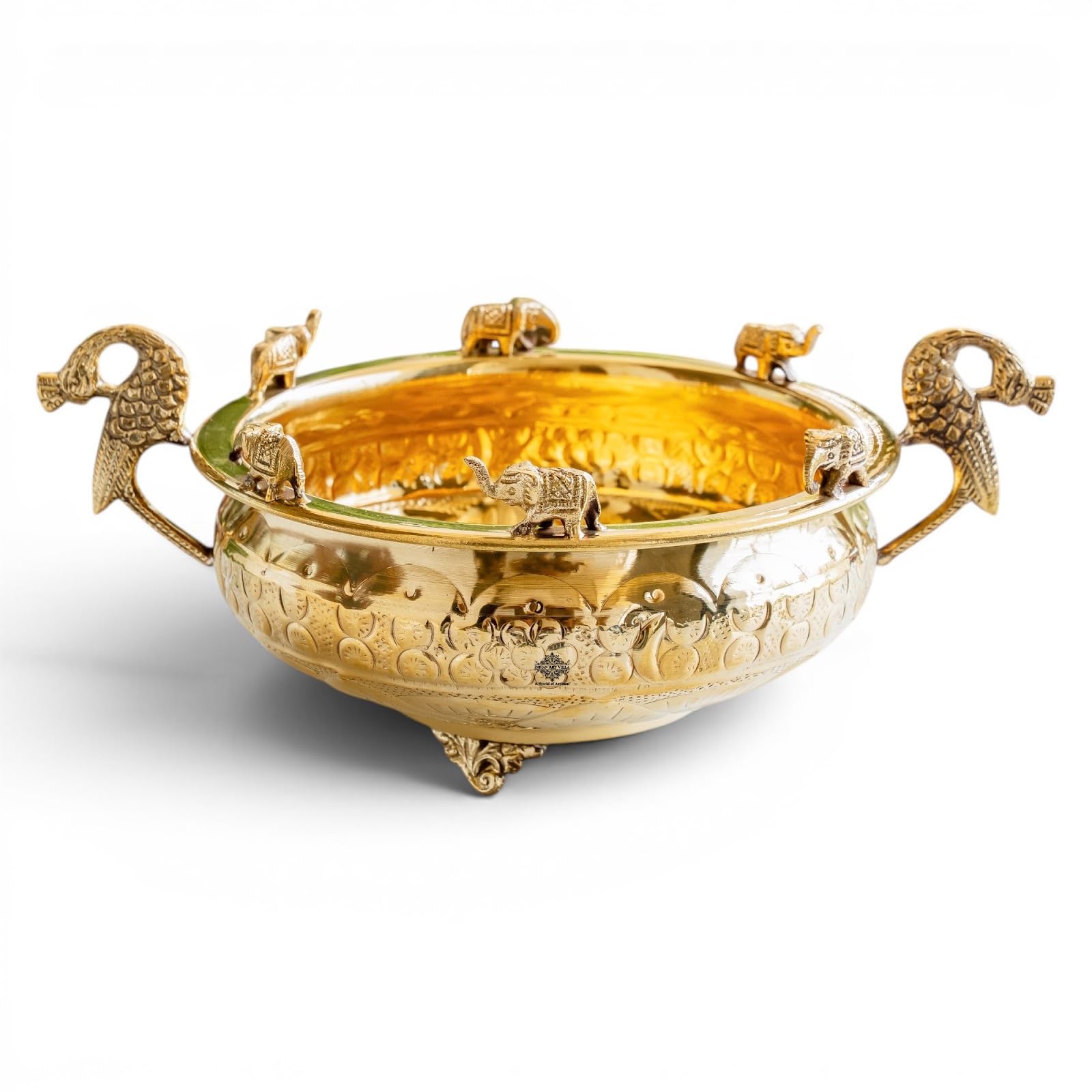 INDIAN ART VILLA Brass Urli with Elephant Figurines & Peacock Handles, 6 Inch Decorative Bowl for Floating Flowers & Tealight Candles, Brass Urli for Home Décor, Diwali, Wedding & Housewarming Gift-image-22