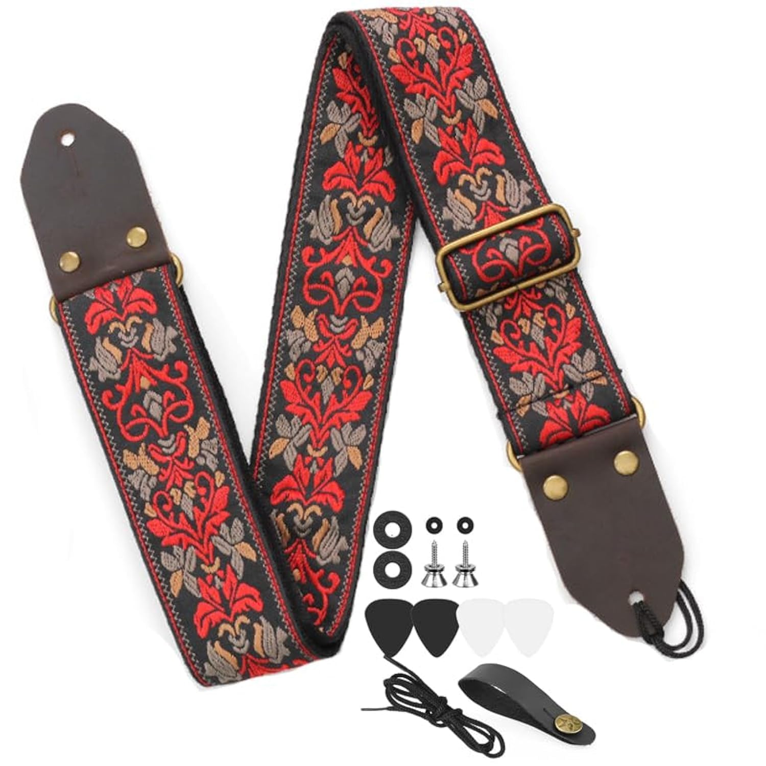 T Tersely Guitar Strap, Guitar Straps Adjustable Genuine Leather Ends Jacquard Weave Bass Strap for Acoustic/Electric/Guitars,(Multicolor stripes) (Retro Red Flower)