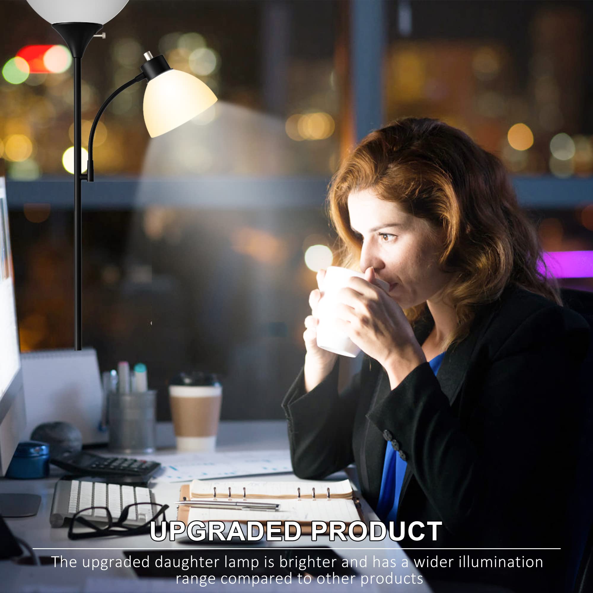 GERGO Floor Lamp, LED Torchiere Floor Lamp with Adjustable Reading Lamp for Bedroom, 3000K Bulb Included Standing Lamps for Living Room, Matte Black