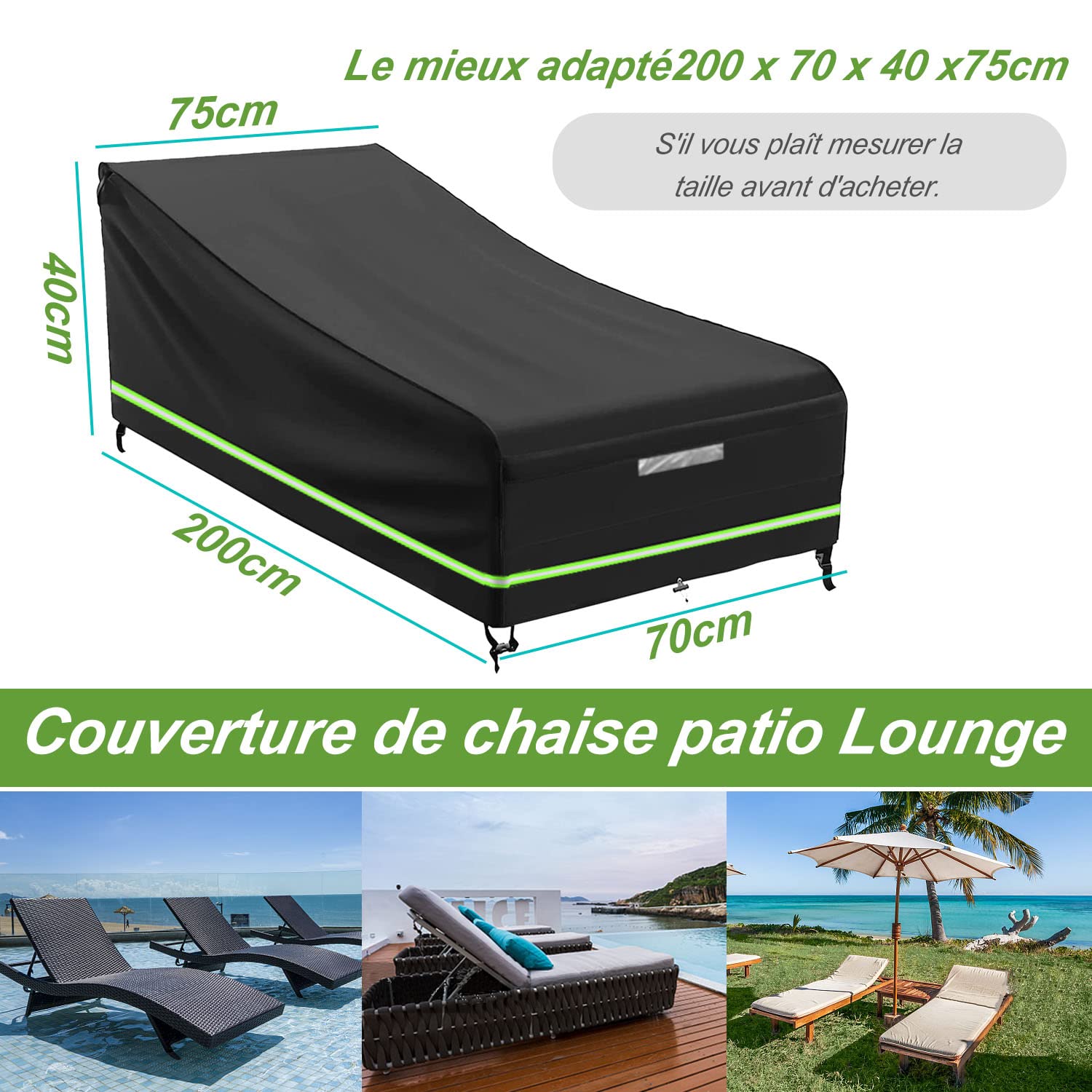 2PCS Housse de Chaise Longue Exterieur, Housse de Chaise Longue de Jardin Imperméable, Coupe-Vent, Anti-UV, Tissu Oxford 210D Housse pour Chaise Longue, Chaise Longue (200x75x40/70cm)