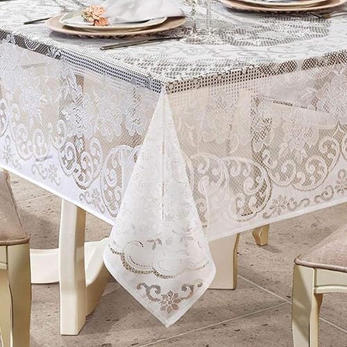 Mantel rectangular de encaje blanco con rosas 61.0 x 98.4 in, 60 x 98 pulgadas, para asientos de 8 a 10 personas.