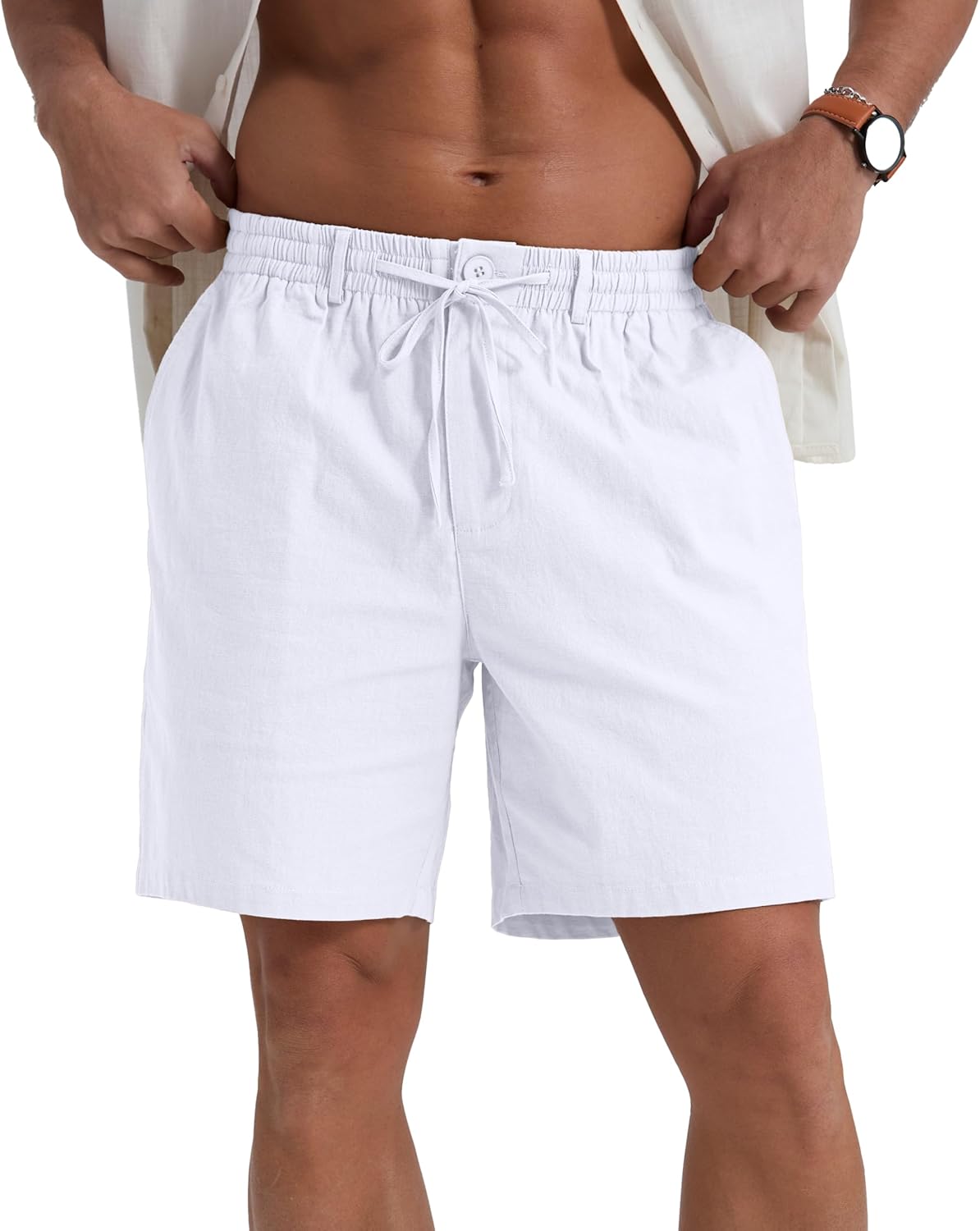 Sailwind Men's Linen Casual Shorts Elastic Waist Drawstring Summer Beach Shorts with Pockets - Image 2