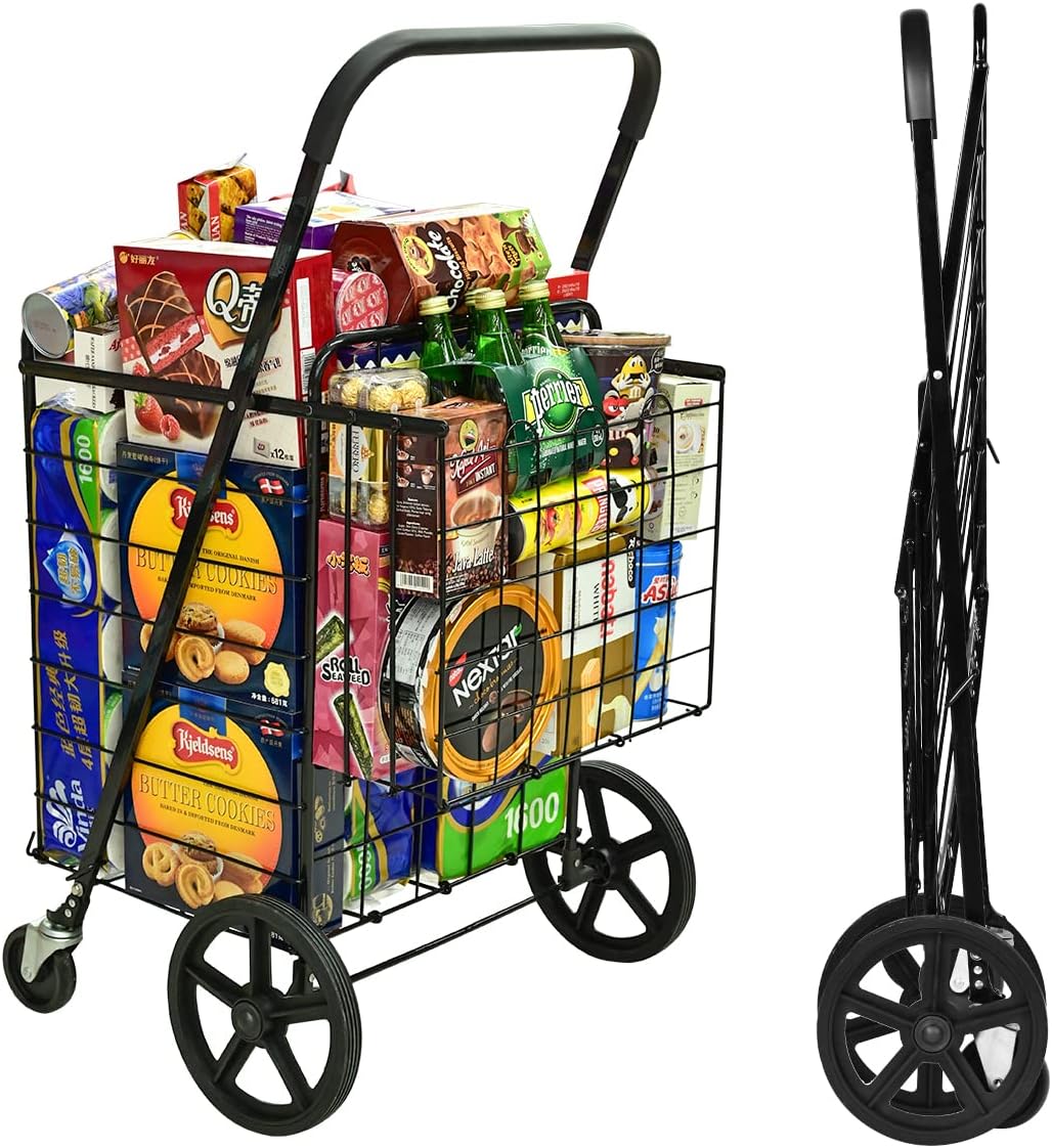 siffler Shopping Cart with 360° Rolling Swivel Wheels for Groceries Jumbo Utility Shopping Cart with Double Basket Folding Portable Cart Saves Space for Laundry Grocery Luggage