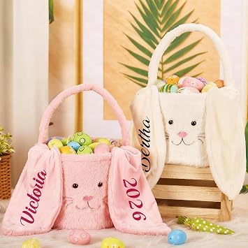 HiPeep Personalized Easter Bunny Basket Egg Buckets, Cute Custom Name Egg Hunt Tote Bags for Party Gifts 4 Color