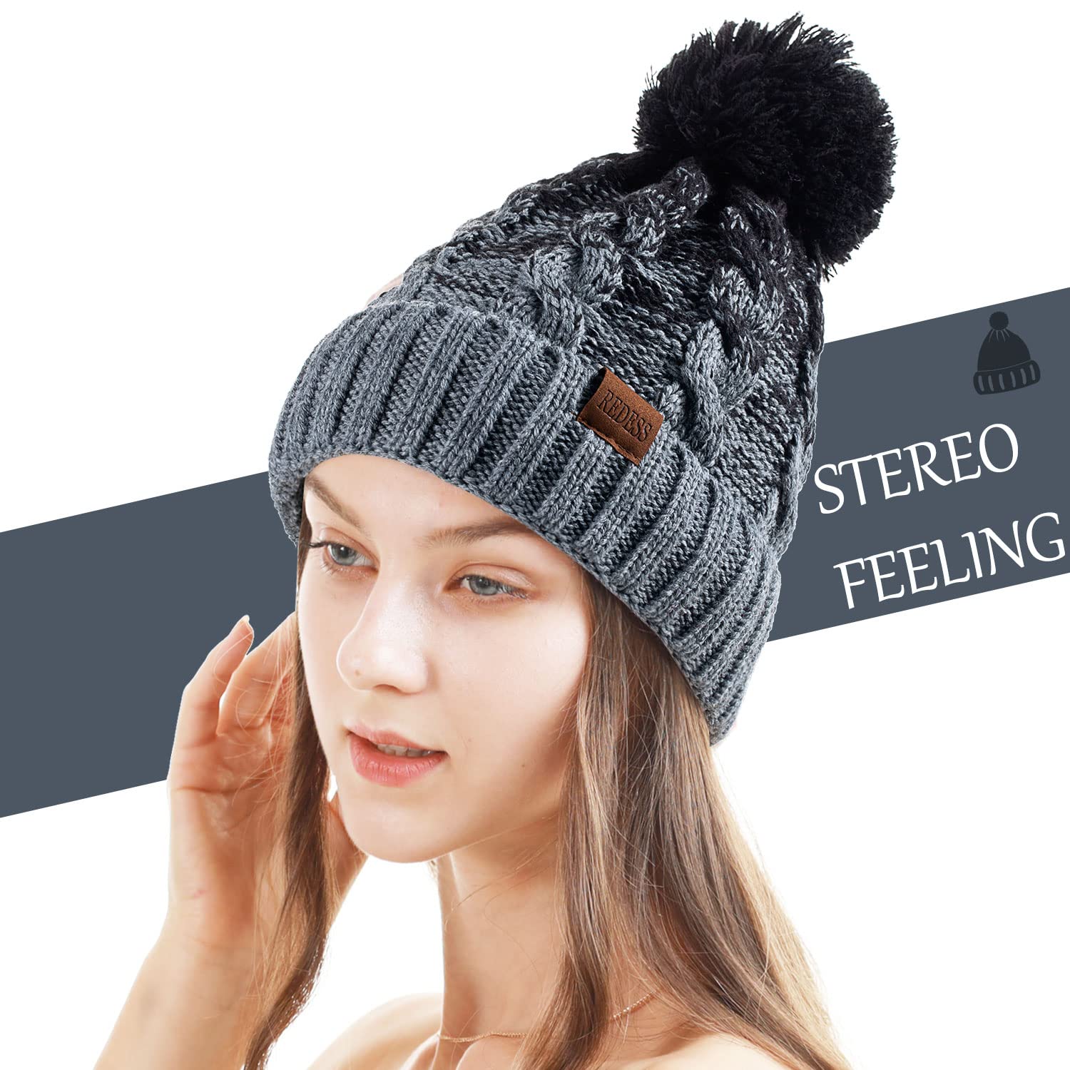 REDESS Cappello Invernale da Donna con Pom Pom Beanie Caldo Foderato in Pile Spesso Slouchy Snow Knit Chunky Baggy Skull Berretto da Sci
