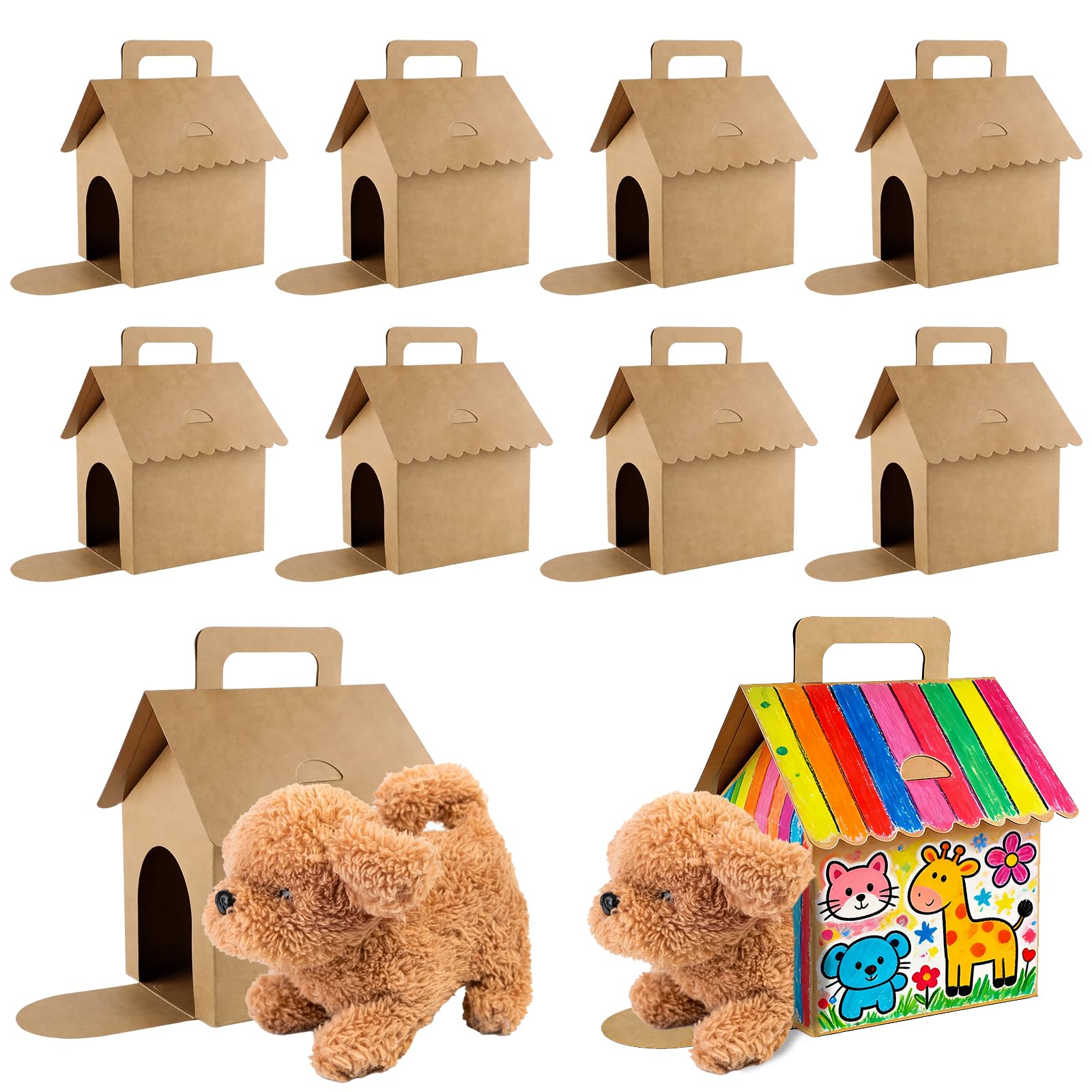 24 Pcs Dog Party Favor Boxes, Brown Foldable Dog House Treat Gift Boxes with Handles & Window Holes, 19x18x10cm Perfect for Puppy Party Favors, Birthday Decorations, Pet Adoption & DIY Crafts