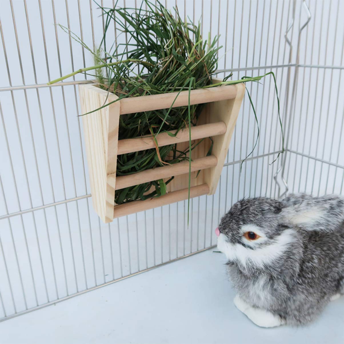 Relaxdays konijnen hooiruif, met voerbak, staande voerruif voor cavia's, hout, voerdispenser, uitneembare eetbak, natuur