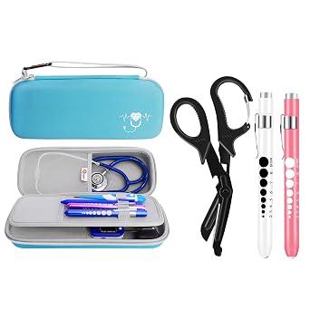 Stethoscope Carrying Case Hard Stethoscope Case and Nurse Scissors and Pen Light Set Trauma Shears Pen Lights for Nurses Bandage Scissors with Carabiner LED Penlight with Pupil Gauge Stainless Steel