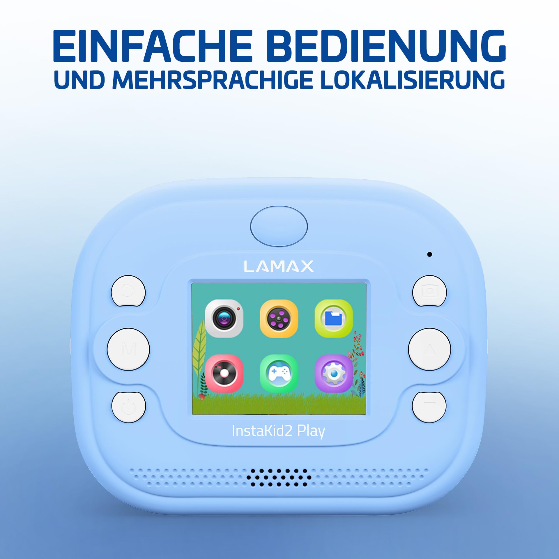 LAMAX InstaKid2 Play Blue Kinderkamera Digitalkamera mit Thermodruck ohne Tinte USB-C 2 Rolle Thermopapier