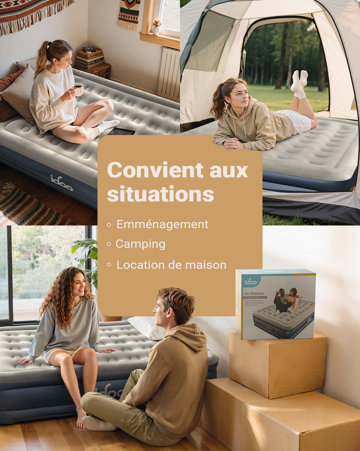 iDOO Matelas Gonflable 2 Personnes, Lit Gonflable avec Pompe Electrique Intégrée, Matelas pneumatique pour l’extérieur et Le Camping, 152 x 203 x 38 cm, 295 Kg Max