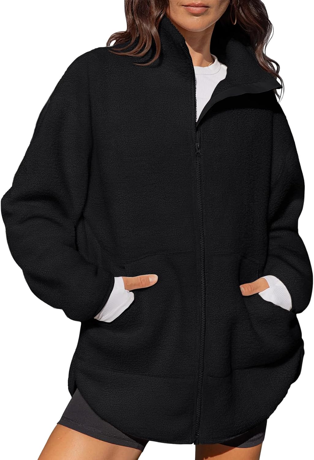 LASLULU Womens Fuzzy Fleece Oversized Zip Up Jacket Warm Winter Black Sweaters Stand Collar Sport Athletic Long Sweatshirts Sherpa Coat Going Out Tops(Black Medium)