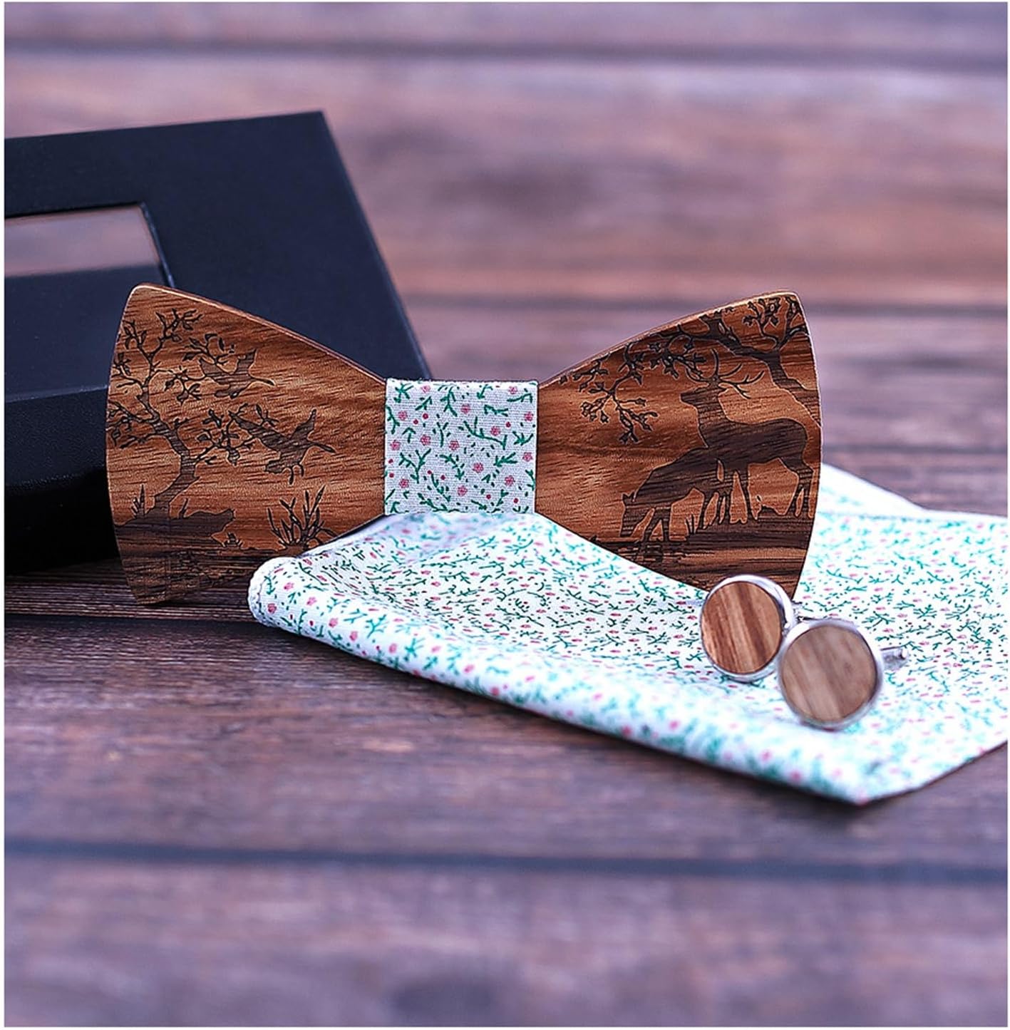 Bow Ties Boutonniere Bow Tie Set Wooden Men's Pocket Square Towel Cufflinks for Wedding Party Halloween
