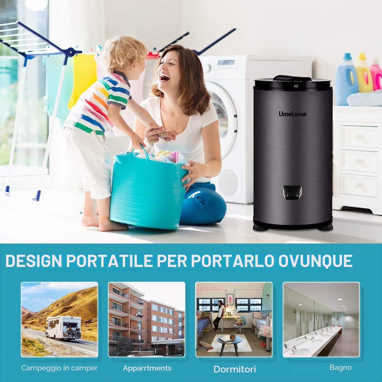 Asciugabiancheria da 6 kg, centrifuga a risparmio energetico e energetico, 2800 giri/min, asciugatura a gravità, Nero