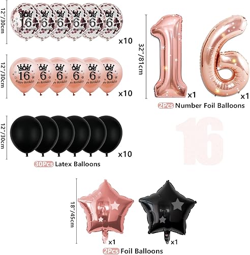 Miniatura 34 de Decoraciones de fiesta de oro rosa y negro – Cartel de feliz cumpleaños, globos, cortinas de flecos, mantel y decoración de pastel para niñas de 1