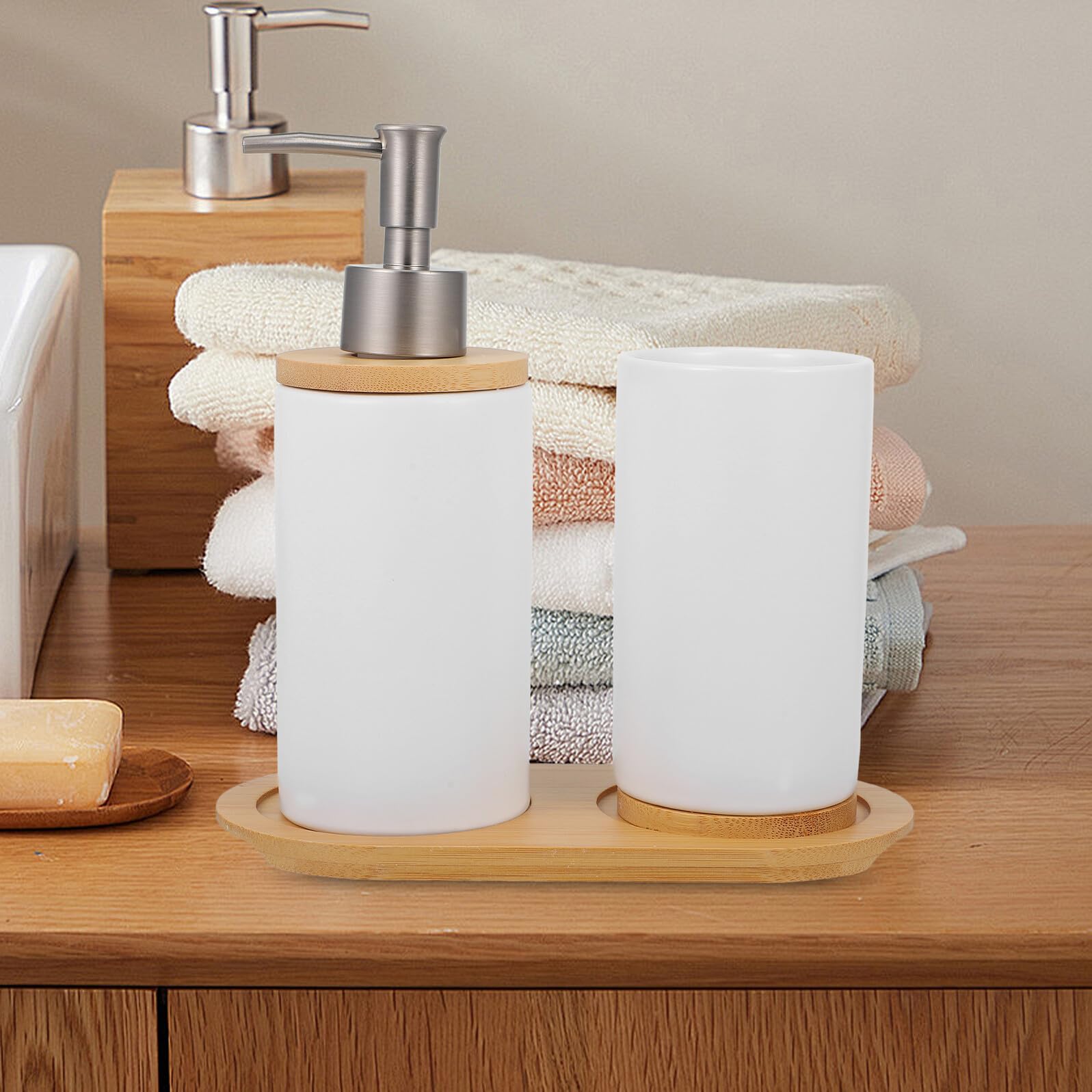 LIFKOME Accessori Bagno in Ceramica Bianca con Dispenser Sapone e Porta Spazzolini Elegante e Stabile per Bagno e Cucina Design Versatile e Compatto