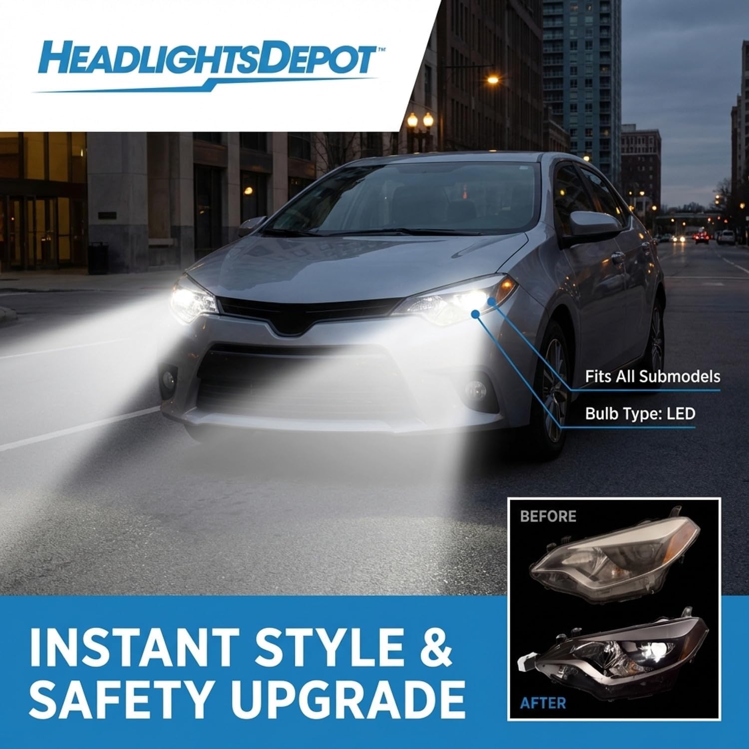 PERDE Chrome Housing LED w/Performance Lens Headlights Compatible with Toyota Corolla 2014-2016 Includes Left Driver and Right Passenger Side Headlamps