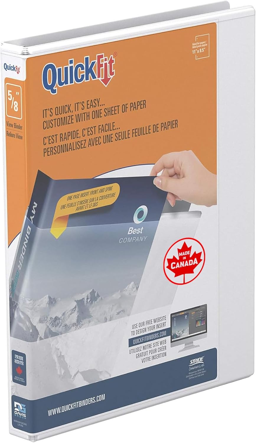 Quickfit View Binder, 3-Ring Binder for School or Office, D Ring, White, Single, 5/8 Inch