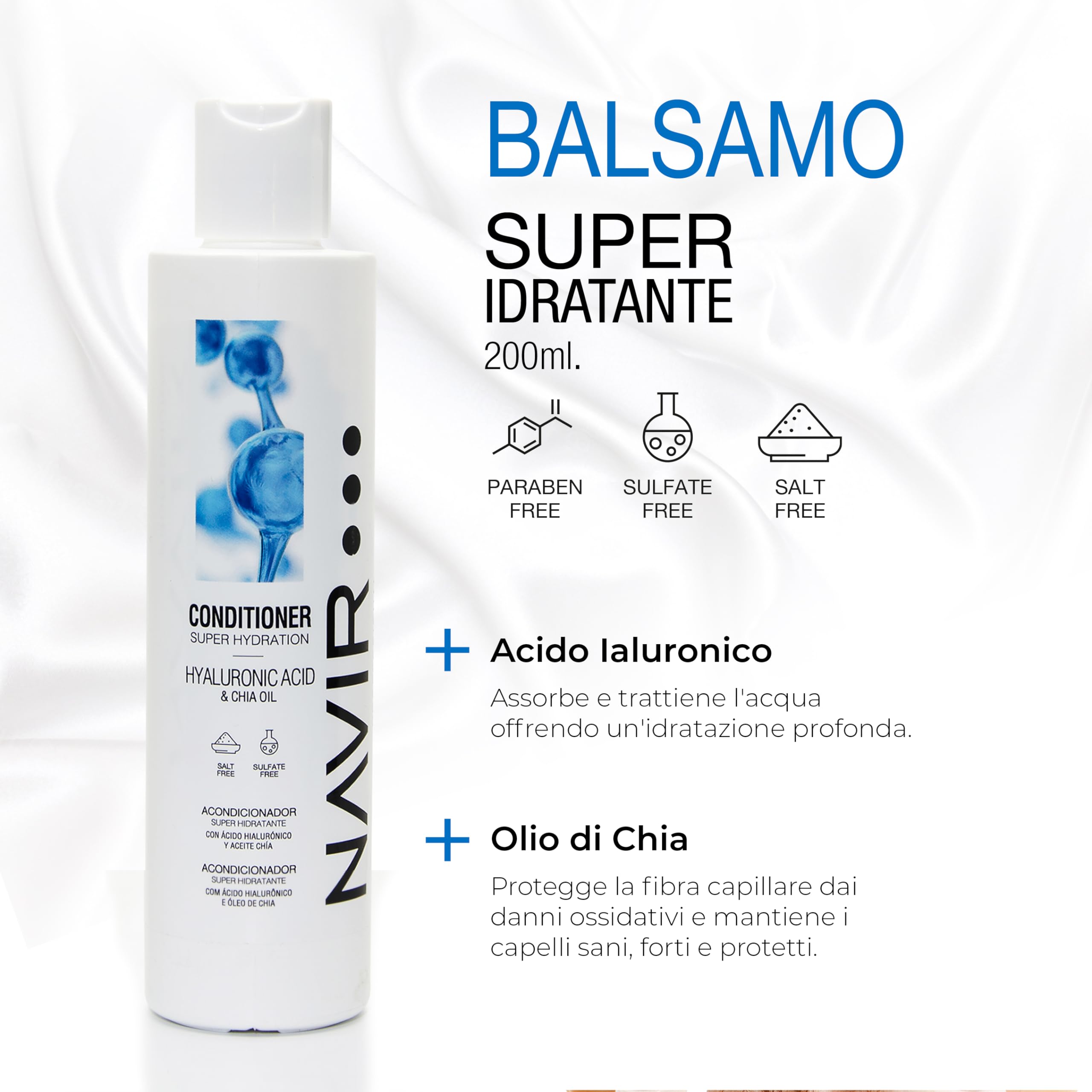 NAVIR Professionale | Kit professionale capelli con acido ialuronico – Shampoo 500ml + maschera 200ml + balsamo 200ml – Idratazione intensa post trattamento lisciante – Senza solfati – 3 prodotti