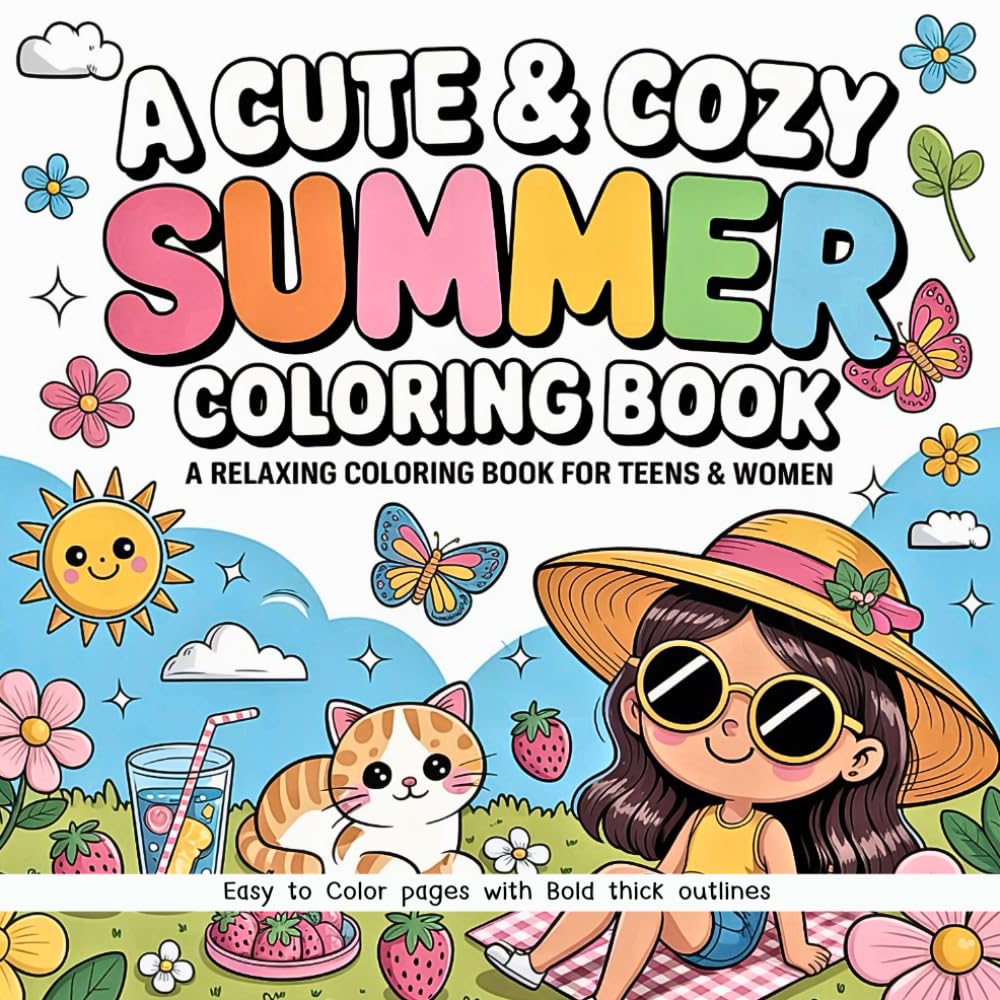 A Cute and Cozy Summer Coloring Book. A Relaxing Coloring Book for Teens & Women: Easy to Color pages with Bold thick outlines