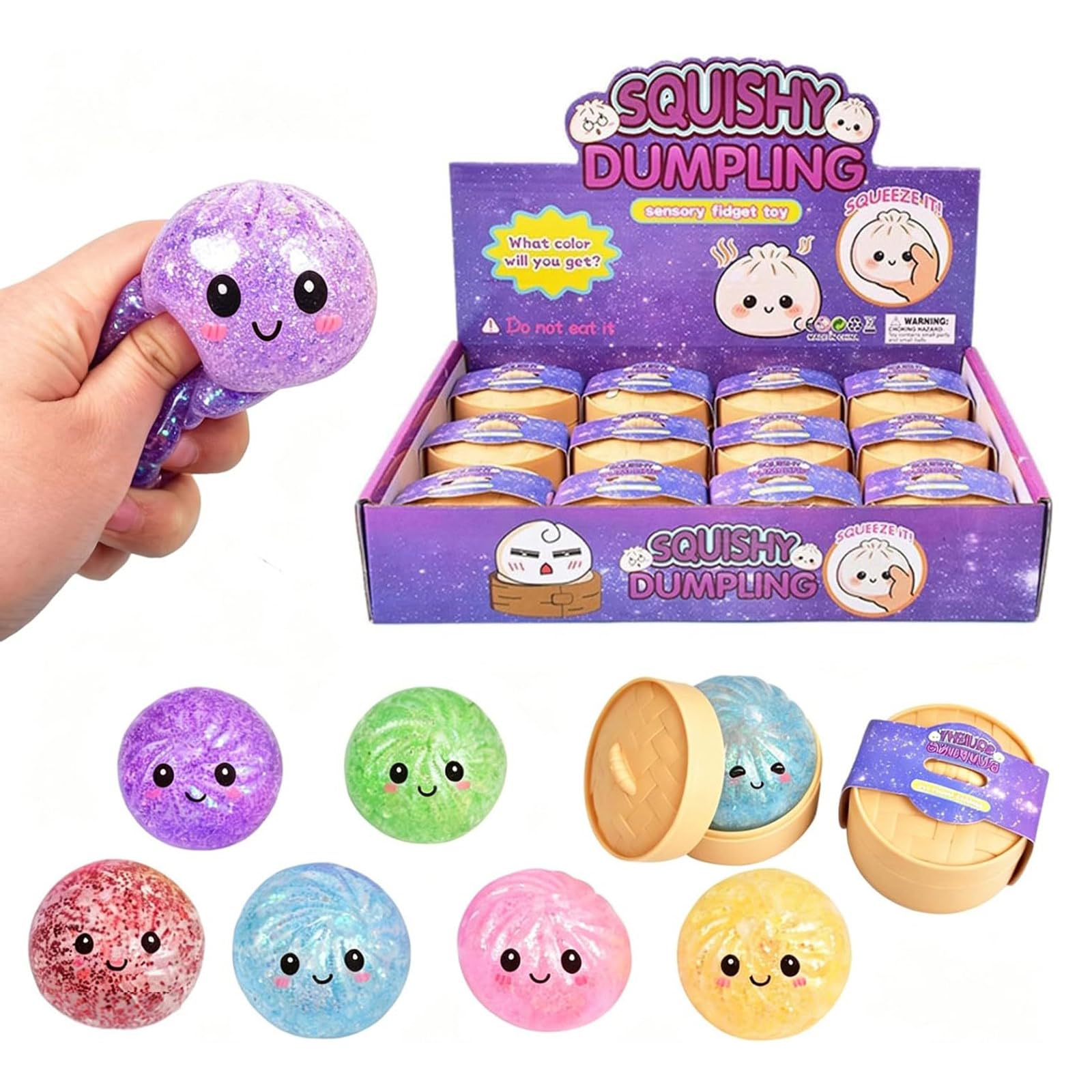 Set di 12 dumpling squishy glitterati, a forma di gnocchie, Squishy Dumplings Mystery Box, giocattoli sensoriali scintillanti, giocattoli flessibili in TPR Fidget con confezione per cottura a vapore