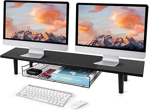 Soporte de monitor doble para 2 monitores, elevador de TV grande con organizador de estante de escritorio de longitud ajustable, soporte de monitor