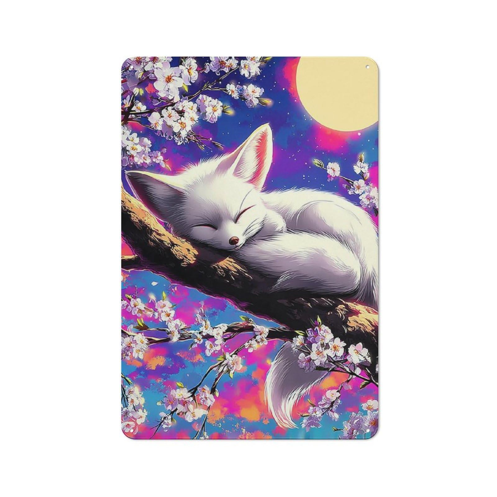 Junmoney Cherry Blossom Moonlit Fox Dream Tin Sign With Design 30X20cm, Vintage Workshop Wall Decor For Tool Room, Garage, Studio Or Home Bar