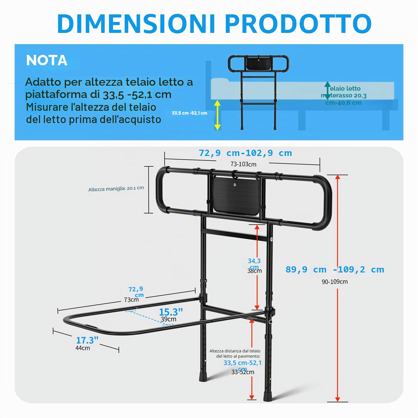 FORTEMOTUS Sponde Letto Anziani, Barriere per Letto Adulti Regolabile in Altezza Gambe, con Borsa, Maniglia di Sicurezza Supporto Alzarsi Disabili, L (Spessore Materasso 25-40 cm)