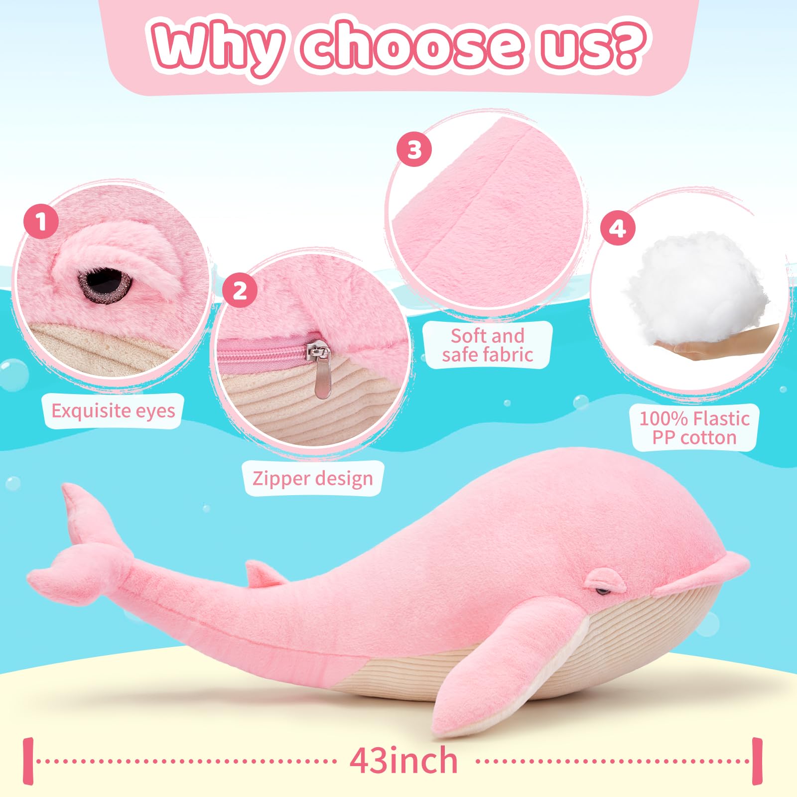 KERTA 43.3 inch Giant Whale Stuffed Animals, Hugging Soft Pink Whale Plush Body Pillow for Girls Women, 4ft Life-Size Ocean Sealife Plush Gift for Christmas Birthday 4