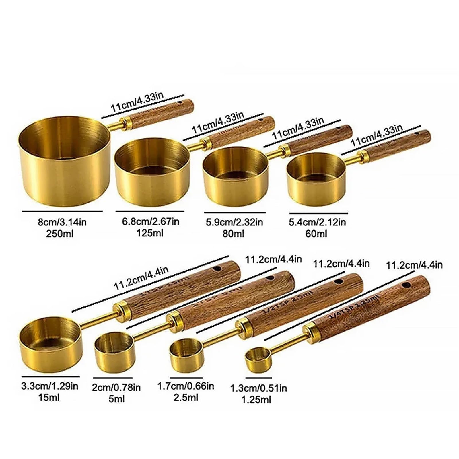 8 Stück Messbecher Löffel aus Edelstahl | Goldfarbener Holzgriff, Backutensilien, Kaffee-Barkeeper-Skala, Küchenzubehör-Set