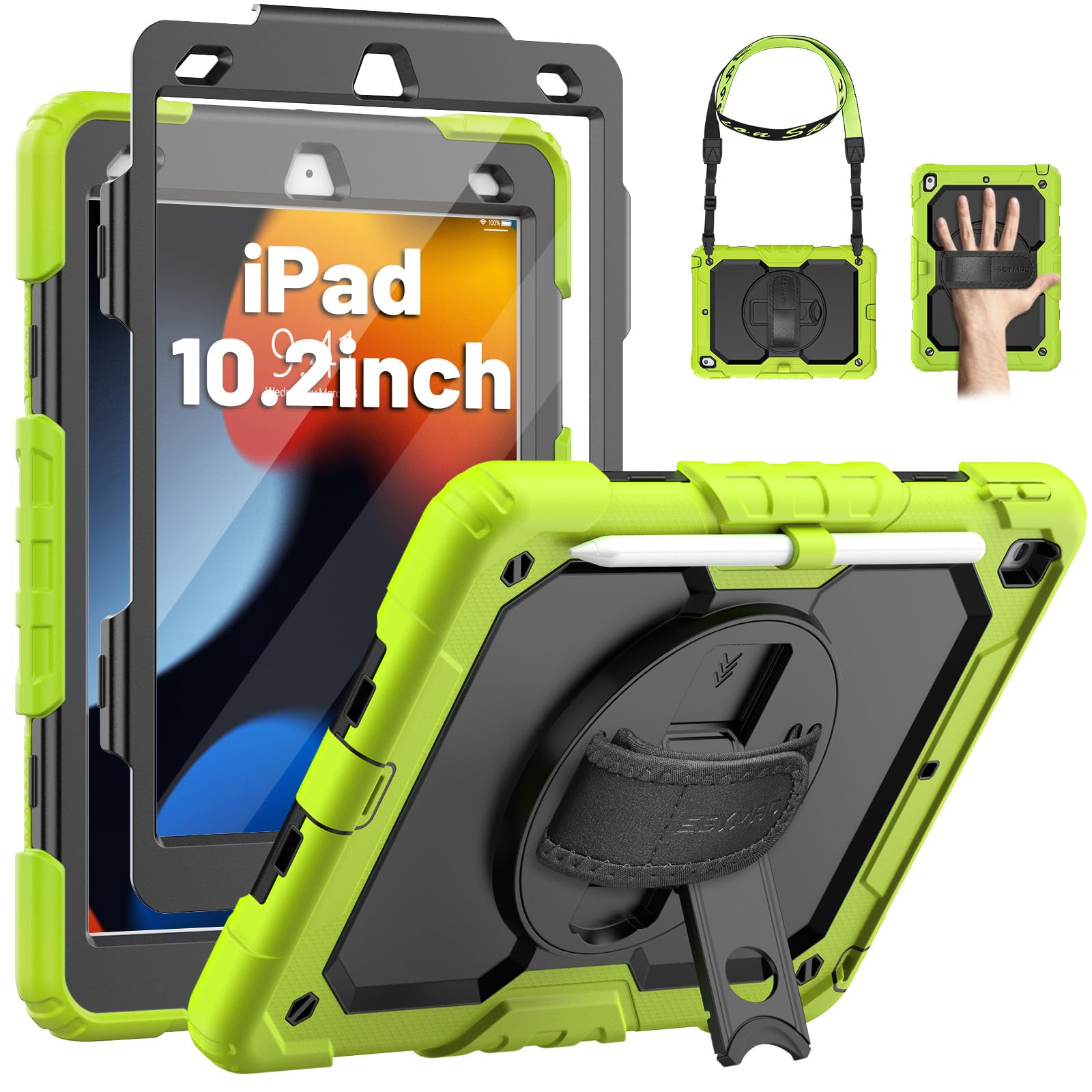 SEYMAC Hülle für iPad 9./8./7. Generation (10.2 Zoll), Stoßfeste Schutzhülle Mit Displayschutzfolie, Drehbarer Ständer, Handschlaufe, Schultergurt, Stifthalter für 2021/2020/2019 Modelle, Grün